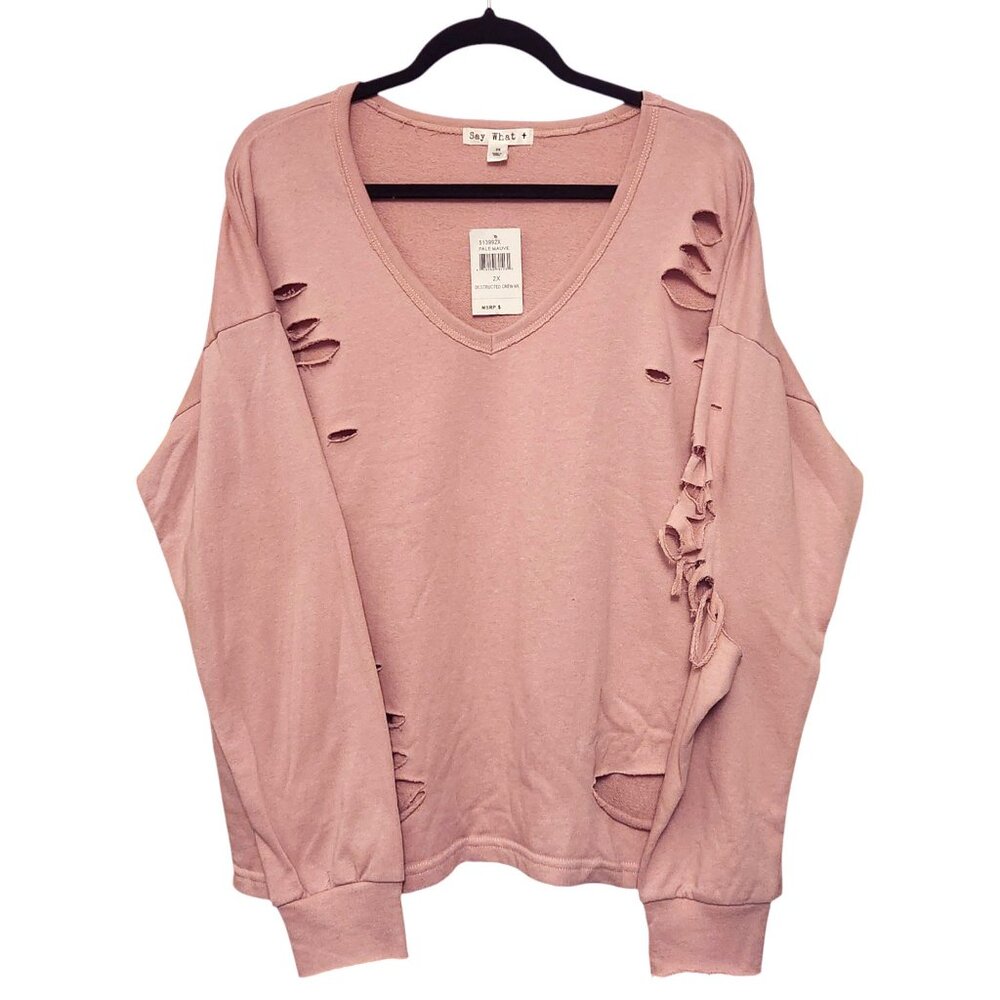 Say What Light Mauve Pink Distressed Lightweight Sweatshirt Top Size 2X